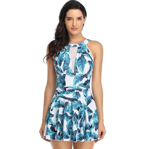 IMEKIS Women's Summer Floral Print Halter Backless Tummy Control Swim Dress
