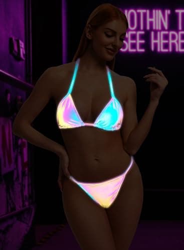 Reflective Rave Outfits for Women - Shiny Halter Bikini Set