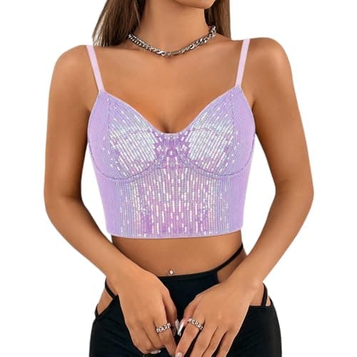 Giovacker Women's V-Neck Sparkle Sequined Crop Top Tank Vest