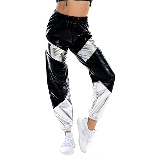 IMEKIS Women's High Waist Metallic Rave Jogger Pants Hip Hop Streetwear