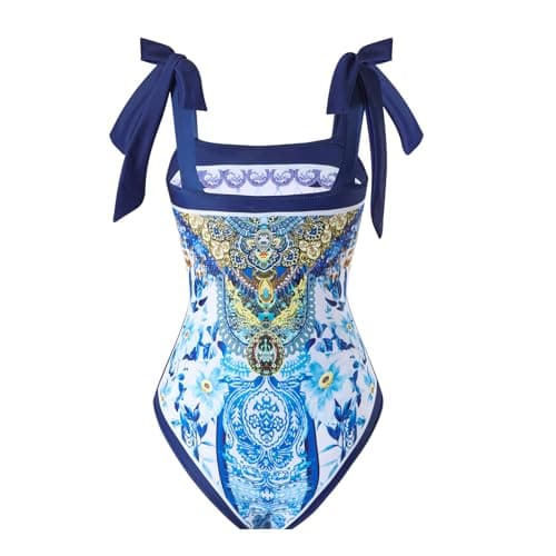 Cerdexon Women's Retro Floral Print One Piece Bathing Suit with Cover Up Skirt