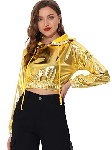 Holographic Metallic Crop Top Hoodies for Women
