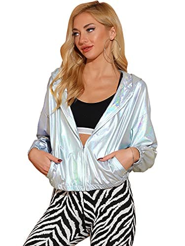 Holographic Shimmer Zipper Hooded Metallic Jacket for Women