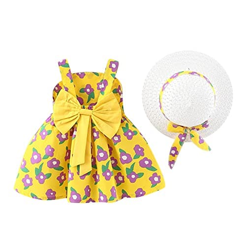 Hawaiian Holiday Dress for Toddler Baby Girls + Straw Hat Rainbow Backless Tutu Sundress Birthday Party Princess Clothes
