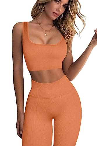 QINSEN Ribbed Workout Sets for Women: Seamless Sport Bra and High Waist Yoga Leggings