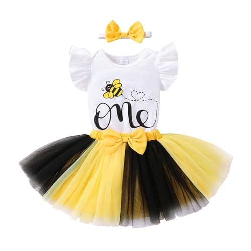 HAPPYMA Bee Sunflower Romper Tulle Tutu 1st Birthday Outfit