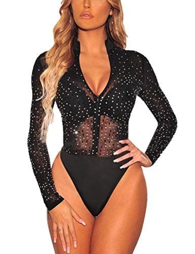 Sheer Mesh Long Sleeve Bodysuit for Women