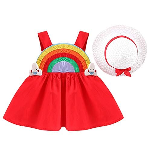 IMEKIS Toddler Girls Hawaiian Rainbow Backless Sundress & Straw Hat