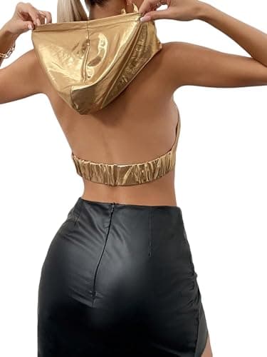 Metallic Halter Backless Hoodie Crop Tank Top - Y2k Vest Top
