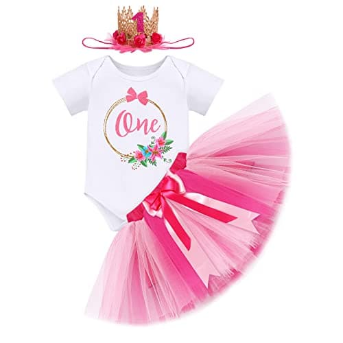 ODASDO Baby Girl's First Birthday Outfit with Flower Print Romper & Tutu Skirt Set