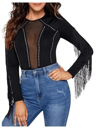 SweatyRocks Women's Sheer Mesh Cowgirl Bodysuit with Fringe Long Sleeves