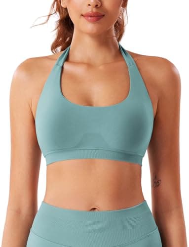 VOYJOY Women's Low Support Halter Workout Bra Seams-Free Yoga Crop Top
