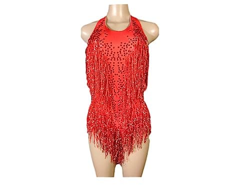 HEYDHSDC Sparkly Crystals Fringe Bodysuit Dance Costume