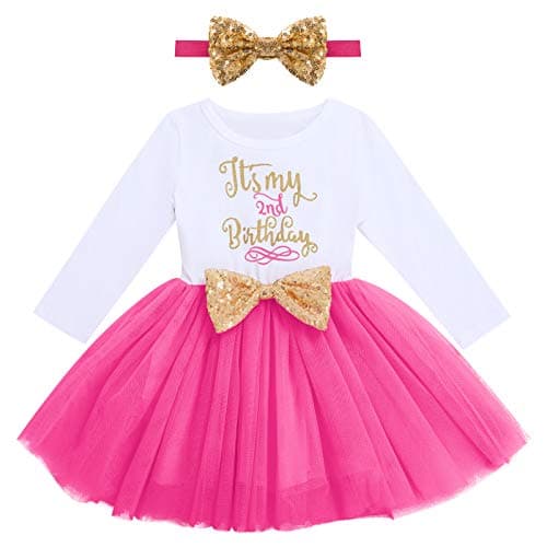 ODASDO My 1st / 2nd / 3rd Birthday Toddler Long Sleeve Tutu Dress & Bowknot Headband Set