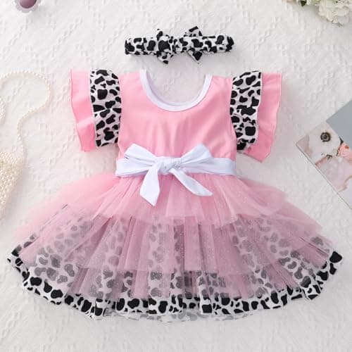 IMEKIS Baby Girl 1st Birthday Dress with Headband and Cow Ruffle Sleeve