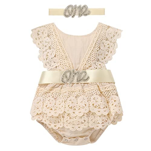 IMEKIS Baby 1st Birthday Photograph Props Boho Lace Romper + Headband + Sash Belt Set