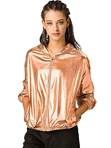 Holographic Shimmer Zipper Hooded Metallic Jacket for Women