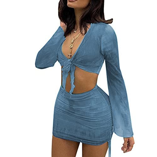 SHESEEWORLD Women's Sexy Long Sleeve Ruched Crop Top & Sheer Mini Skirt Sets