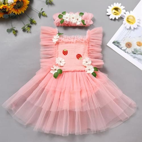 IMEKIS Baby Girls 1st Birthday Bee Floral Strawberry Dress Romper with Headband