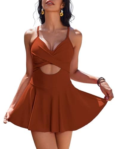 AI'MAGE Women's V-Neck One Piece Swim Dress with Tie Back Skirt