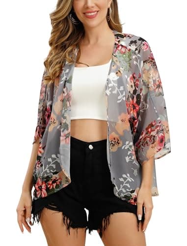 IMEKIS Women's Floral Printed Chiffon Half Sleeve Kimono Cardigan