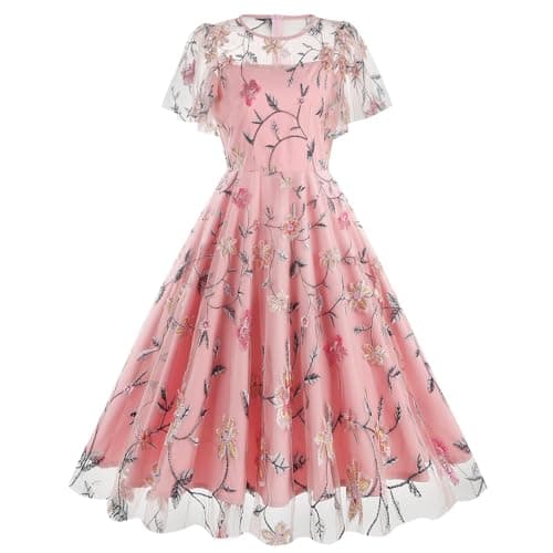 IMEKIS Women's Elegant Retro 1950s Short Flare Sleeve Swing Party Dress
