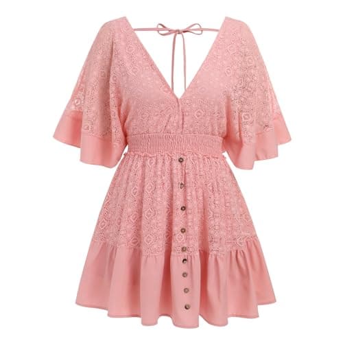 IMEKIS Women Lace V Neck Batwing Sleeve Tie Back A-line Party Dress