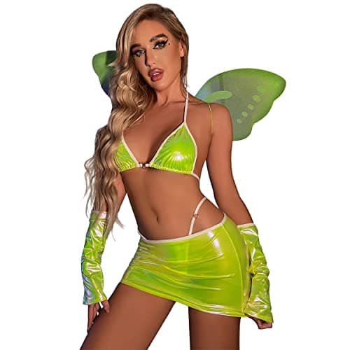 IMEKIS Women's Shiny Rave Outfit Halloween Costume Set