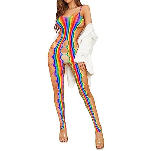 MINGSEECESS Women's Rainbow Striped See-Through Bodysuit Bikini Cover-Up