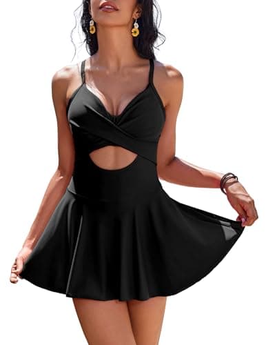 AI'MAGE Women's V-Neck One Piece Swim Dress with Tie Back Skirt