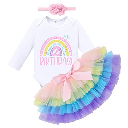 IMEKIS Boho Rainbow Baby Girl 1st & 2nd Birthday Outfit Romper + Tutu + Headband