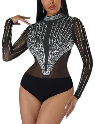 Sheer Mesh Long Sleeve Bodysuit for Women