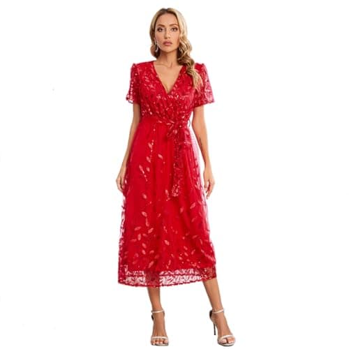 Sparkly V Neck Floral Embroidered Maxi Dress for Wedding Guest