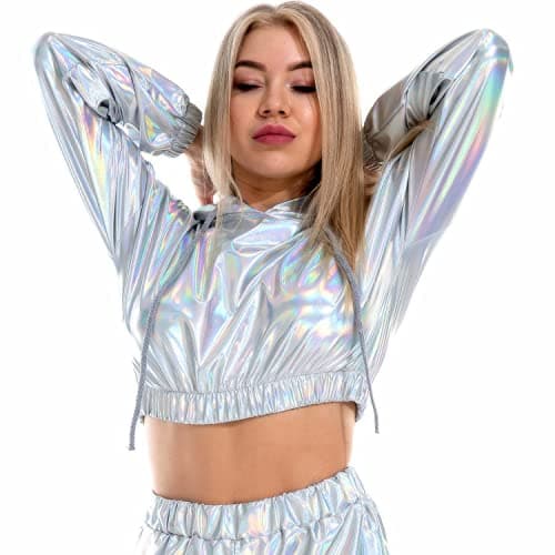 Ypser holographic crop top hoodies for women
