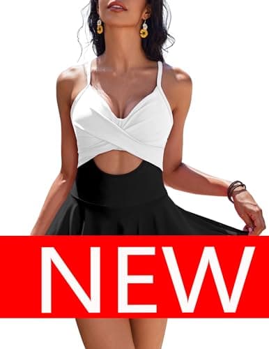 AI'MAGE Women's V-Neck One Piece Swim Dress with Tie Back Skirt