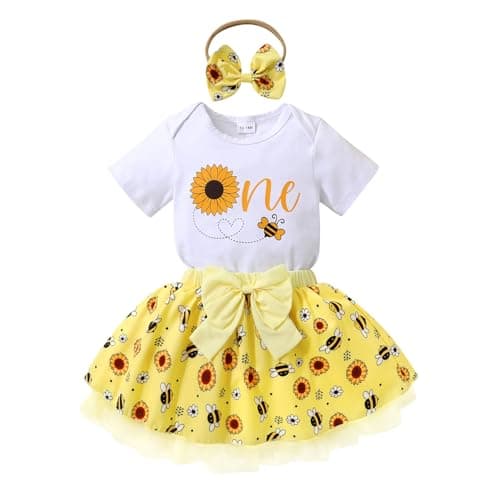HAPPYMA Bee Sunflower Romper Tulle Tutu 1st Birthday Outfit