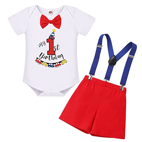 Baby Boy First Birthday Outfit with Bunting Flag Bow Tie Bodysuit Shorts Suspenders