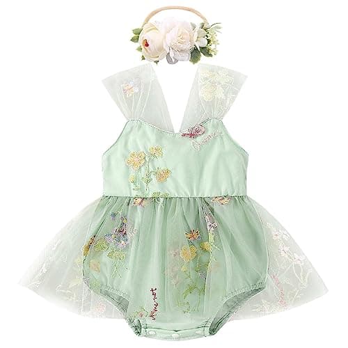 Newborn Baby Girl 1st Birthday Lace Tulle Romper Dress with Floral Headband