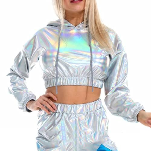 Bornpom Metallic Cropped Hoodie Sweatshirt for Women