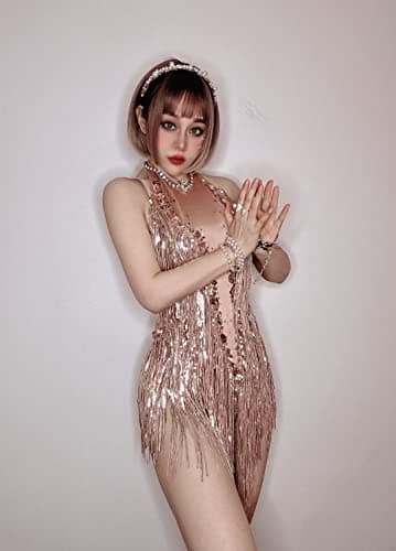 HoHoHuo Sparkly White Dance Rhinestone Bodysuit for Women Performance Outfit