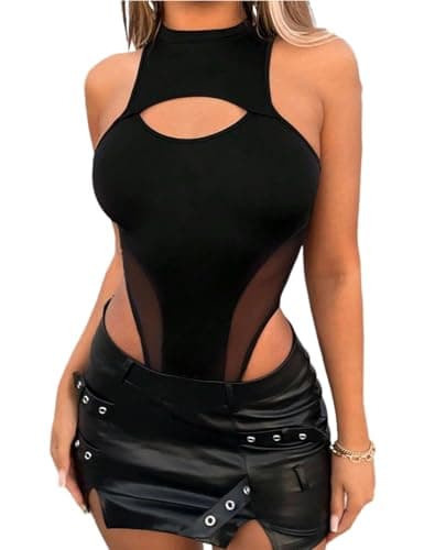 Women's Rhinestone Sheer Mesh Bodysuit with Long Sleeves