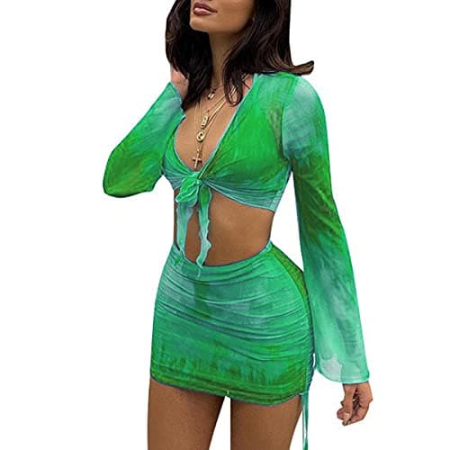 SHESEEWORLD Women's Sexy Long Sleeve Ruched Crop Top & Sheer Mini Skirt Sets