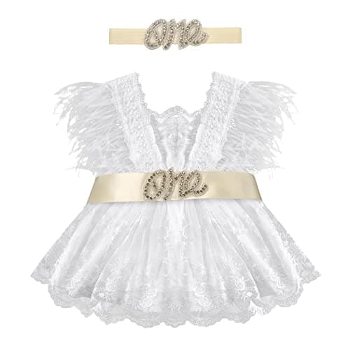 IMEKIS Baby 1st Birthday Photograph Props Boho Lace Romper + Headband + Sash Belt Set