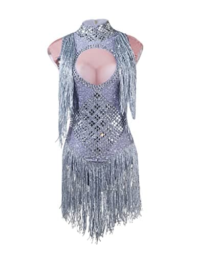 YUANTONG Sparkly Silver Rhinestone Fringe Bodysuit for Women Latin Dance Costume