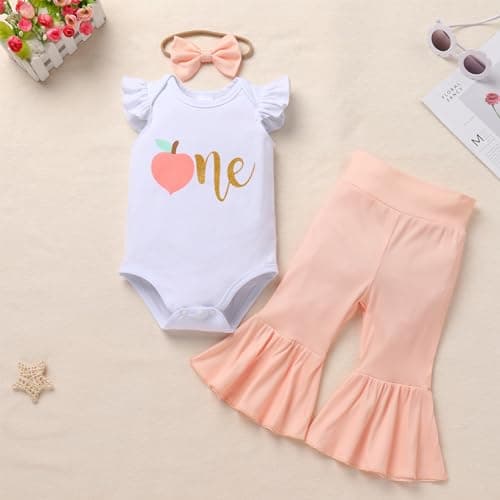 IMEKIS Baby Girl 1st Birthday Strawberry Peach Romper&Cake Smash Outfit
