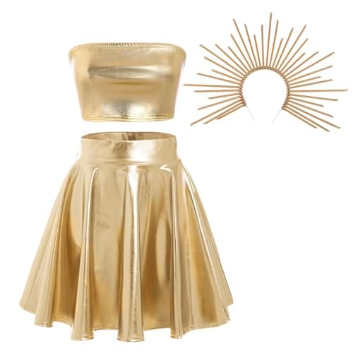 IMEKIS Women's Sun Moon Halloween Costume Tube Top & Metallic Skirt Cosplay Set