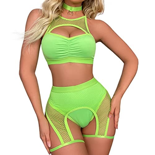 ABAFIP Women's Festival Rave Outfits: Fishnet Top & Shorts Choker Nightwear
