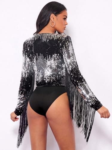 Sparkly Fringe Trim Deep V Neck Party Bodysuit for Women