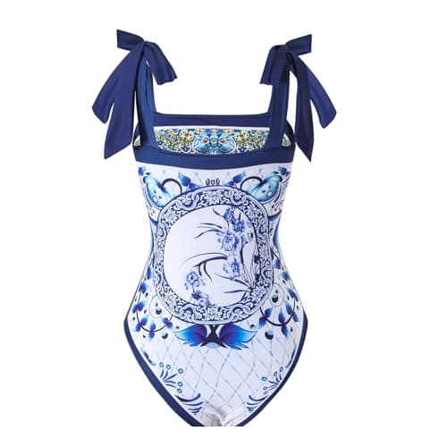 Cerdexon Women's Retro Floral Print One Piece Bathing Suit with Cover Up Skirt