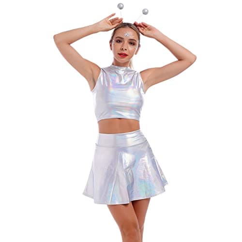 Alien Costume Metallic Crop Top + Holographic Mini Skirt + Headband - Halloween Rave Outfit